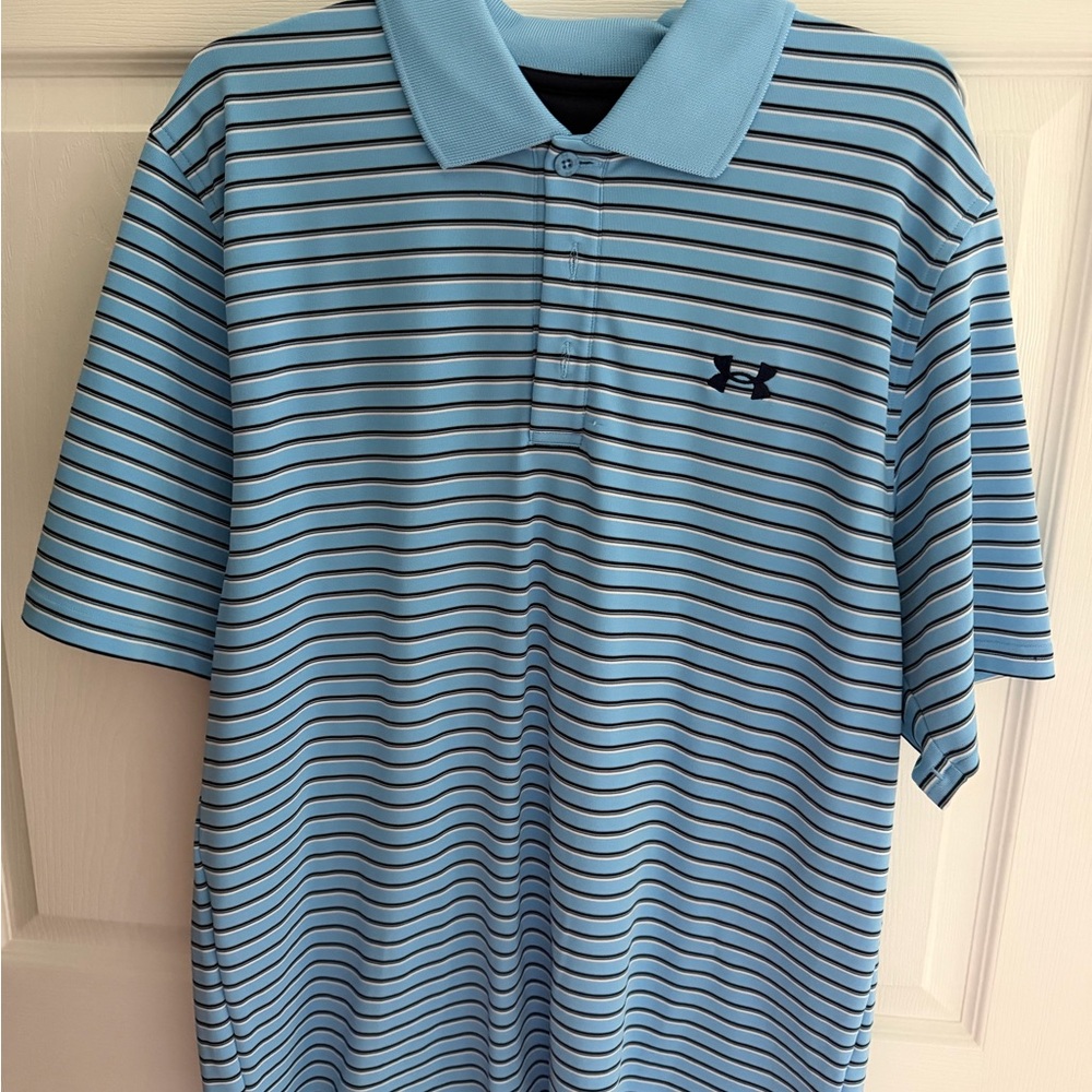 Under Armour Men's Light Blue and Black Striped Polo